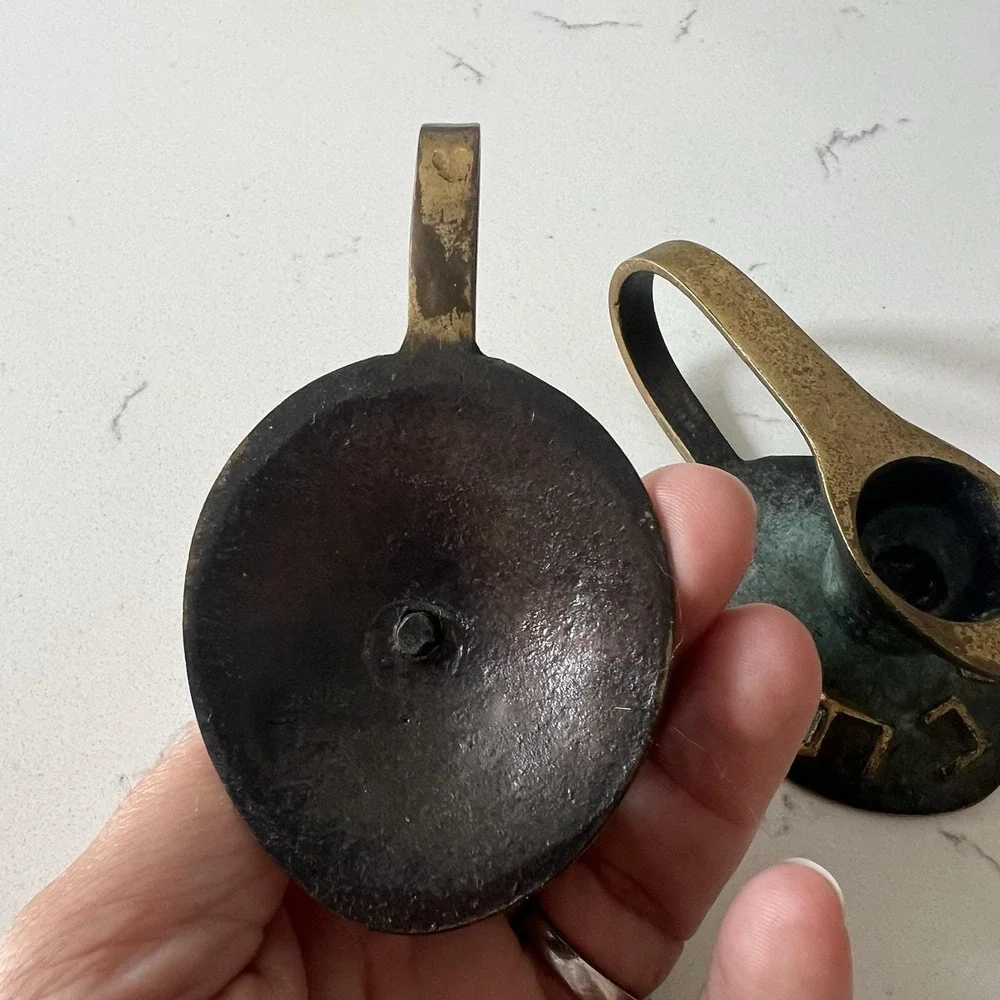 Vintage Israeli Judaica Candle Holders Pair‎ Hebrew Shevach Brass Bronze